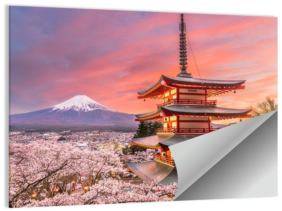 Chureito Pagoda and Mount Fuji at Sunset Wall Art