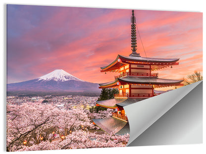 Chureito Pagoda and Mount Fuji at Sunset Wall Art