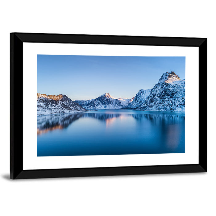 Snowy Lofoten Reflection Wall Art as a framed print