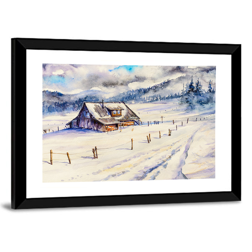 Snowy Mountain Cabin Landscape Wall Art