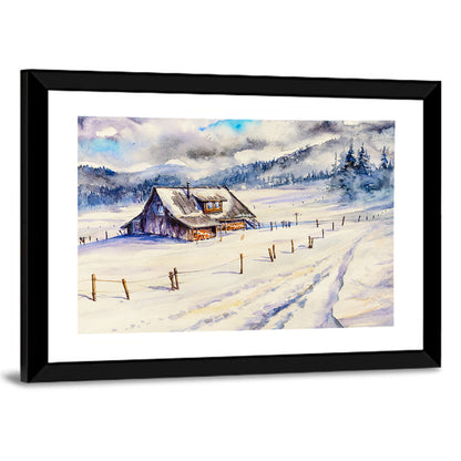 Snowy Mountain Cabin Landscape Wall Art