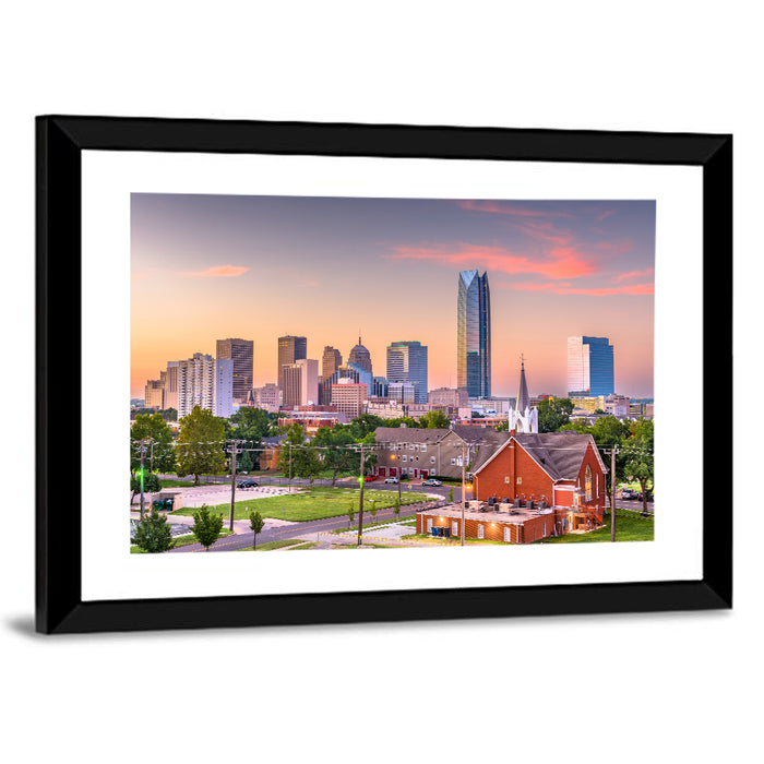 Oklahoma City Golden Hour Skyline Wall Art as a framed print
