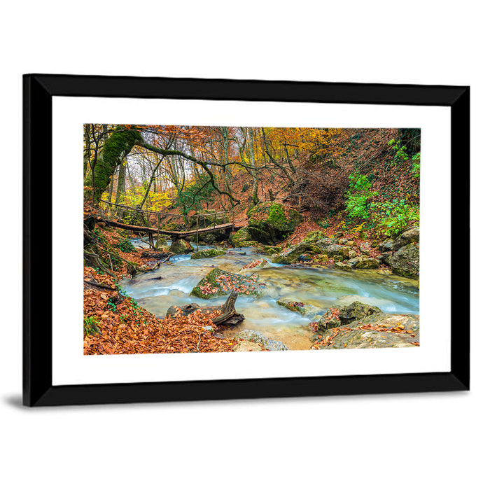 Mossy Footbridge in Autumn Forest Wall Art as a framed print