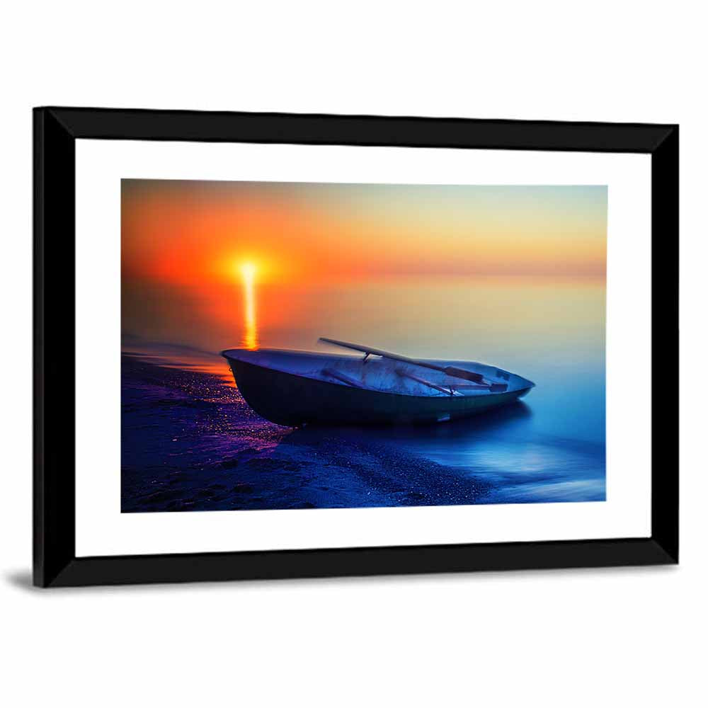 Rowboat on Sandy Shore at Sunset Wall Art