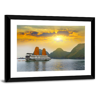 Ha Long Bay Sunset with Orange Sails Wall Art