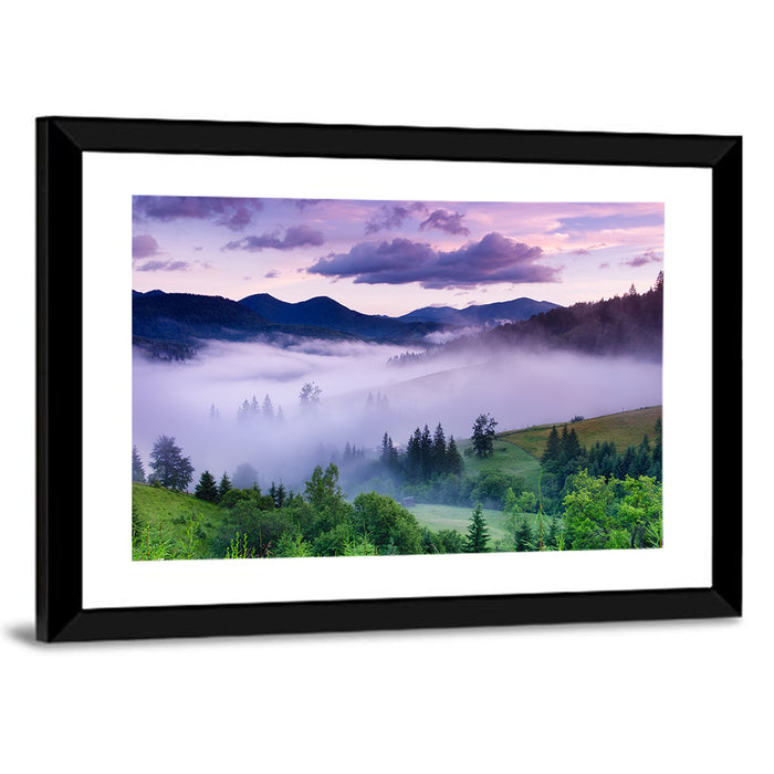 Misty Mountain Valley at Twilight Wall Art as a framed print