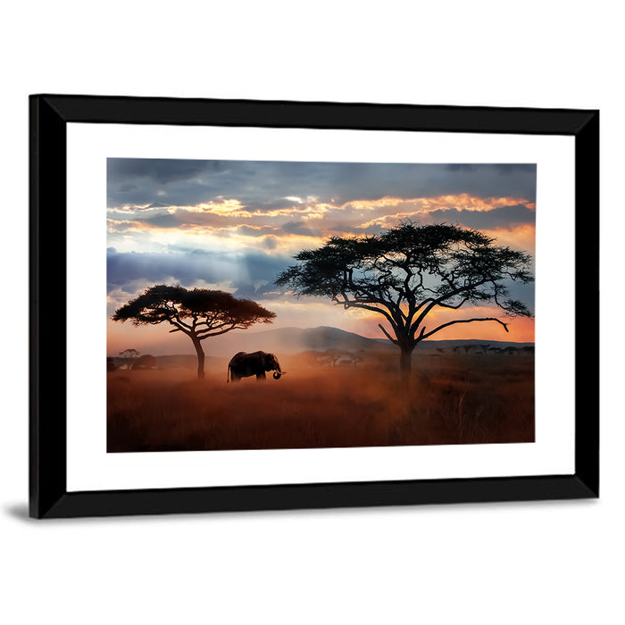 Savanna Elephant at Sunset Wall Art as a framed print