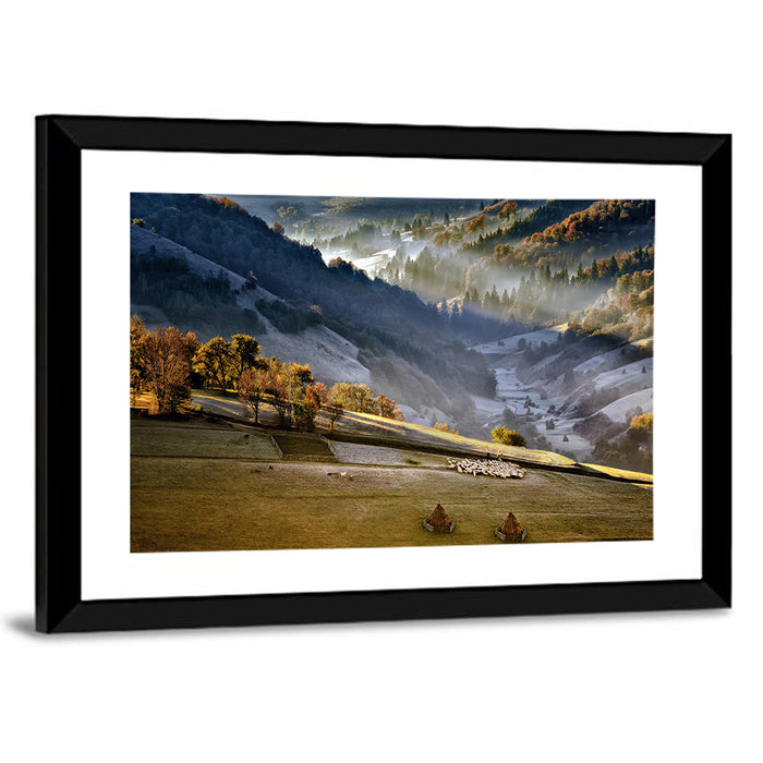 Mountain Village in Morning Mist Wall Art as a framed print
