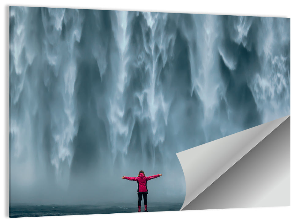 Skogafoss Waterfall with Figure in Pink Wall Art
