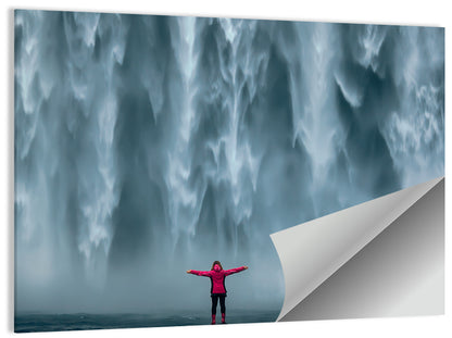 Skogafoss Waterfall with Figure in Pink Wall Art