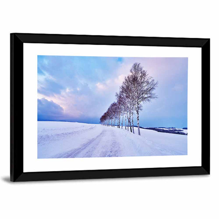 Snowy Birch Road in Hokkaido Wall Art as a framed print