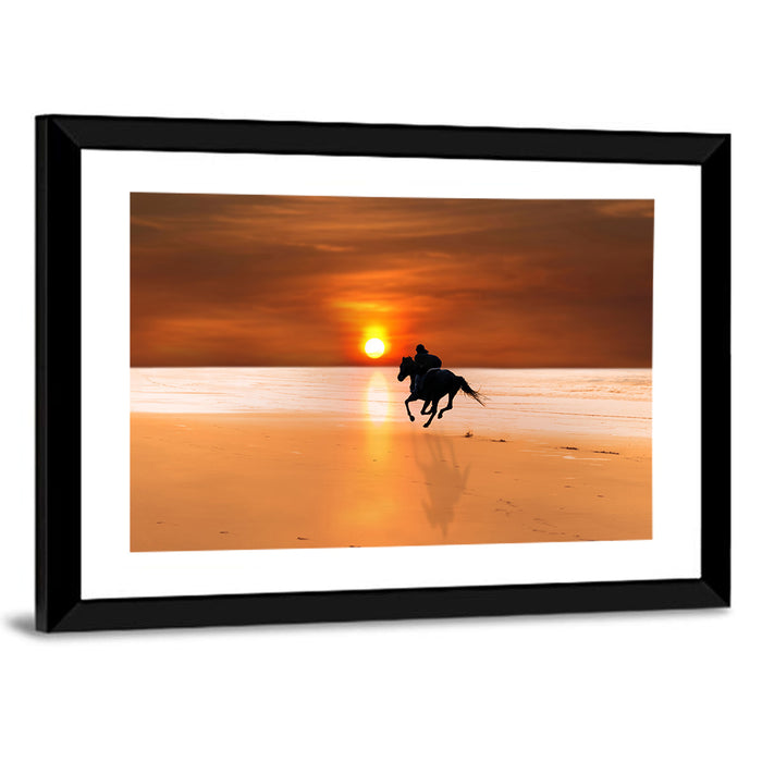 Horse and Rider at Sunset Wall Art as a framed print