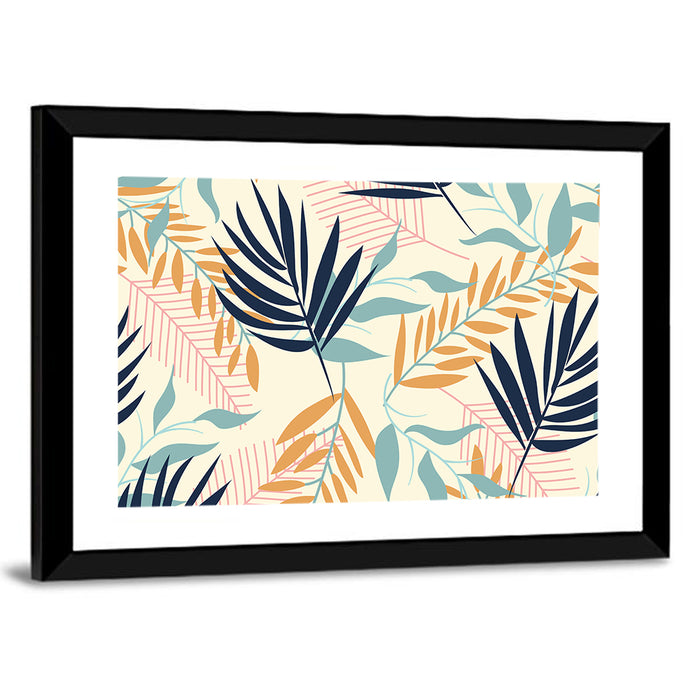 Cream and Navy Summer Leaves Pattern Wall Art as a framed print