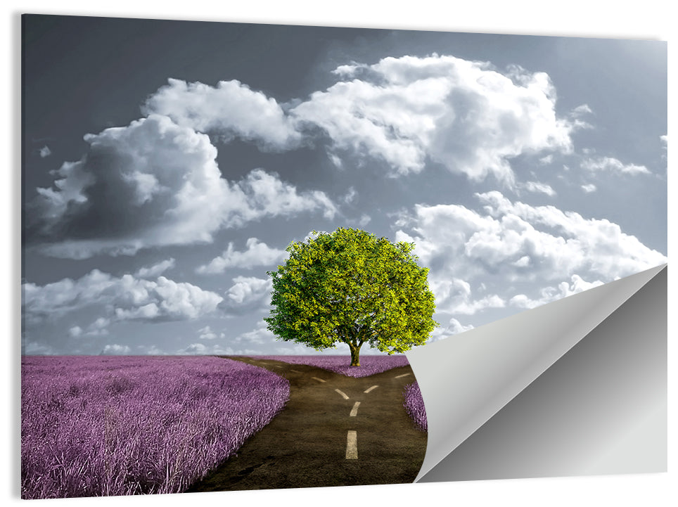 Lavender Field Crossroads with Lone Tree Wall Art, poster print, landscape