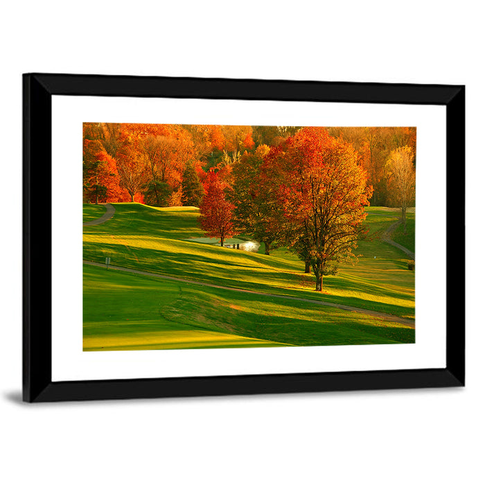 Golden Hour Golf Course Wall Art as a framed print