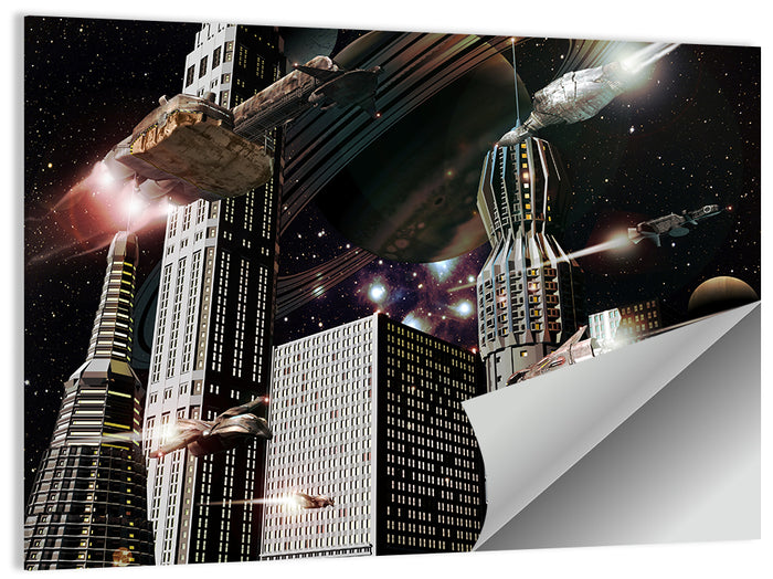 Ringed Planet Cityscape Wall Art as a poster print