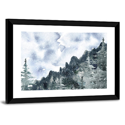 Snowfall Mountain Forest Illustration Wall Art