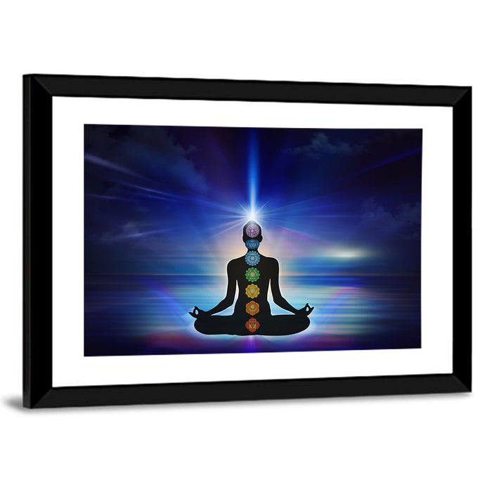 Lotus Pose with Chakra Symbols Wall Art as a framed print