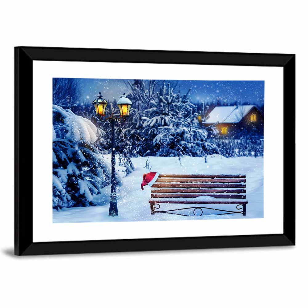 Snowy Bench in Winter Forest Wall Art