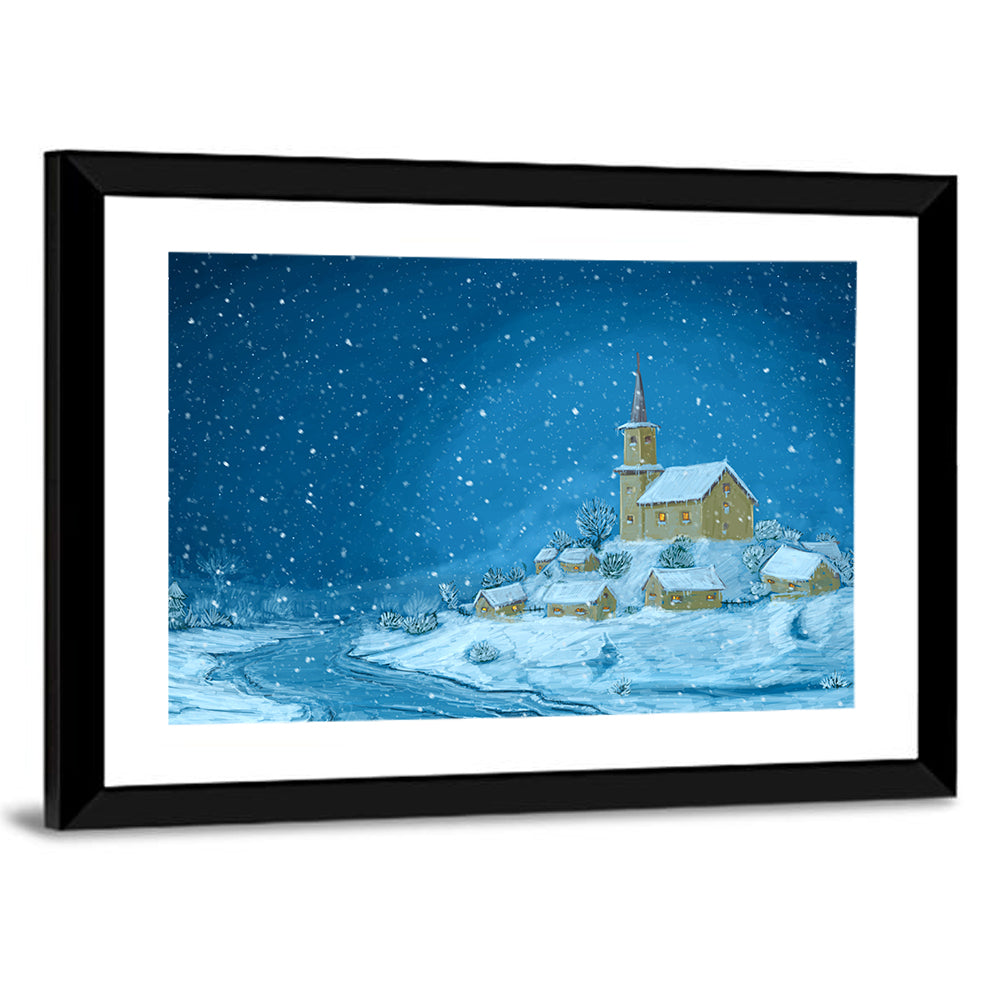 Snowy Village Church at Night Wall Art