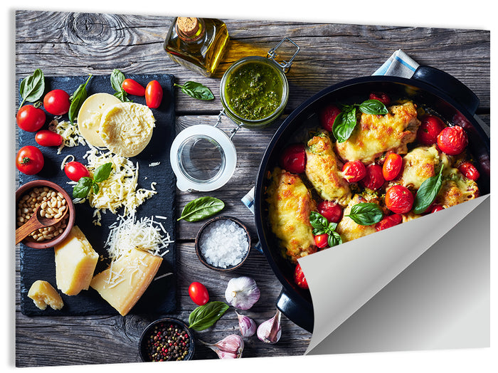 Pesto Baked Chicken Flat Lay Wall Art as a poster print