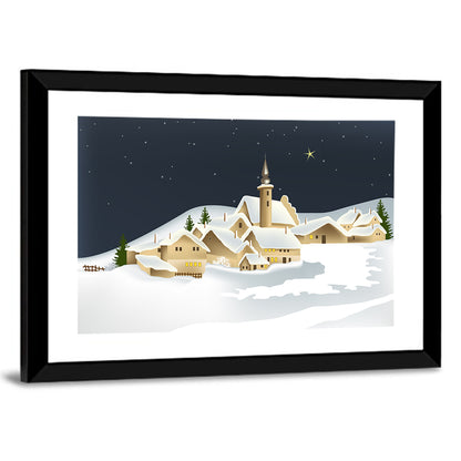Winter Village Night Illustration Wall Art