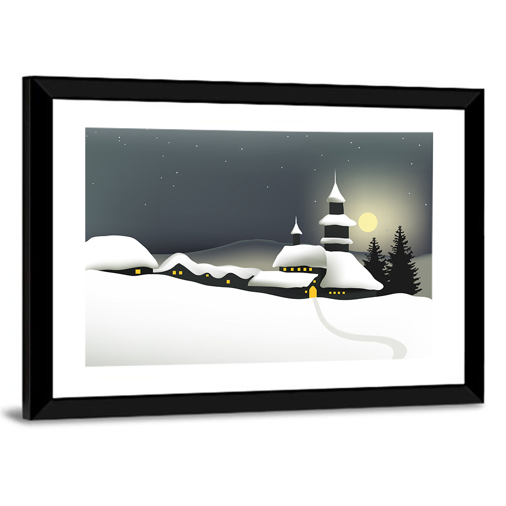 Moonlit Winter Village Illustration Wall Art