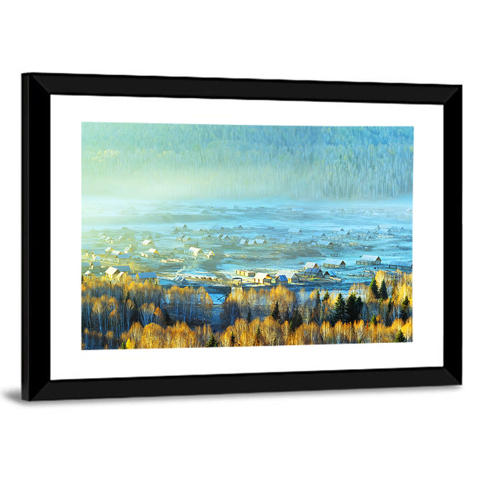 Misty Xinjiang Village Wall Art as a framed print