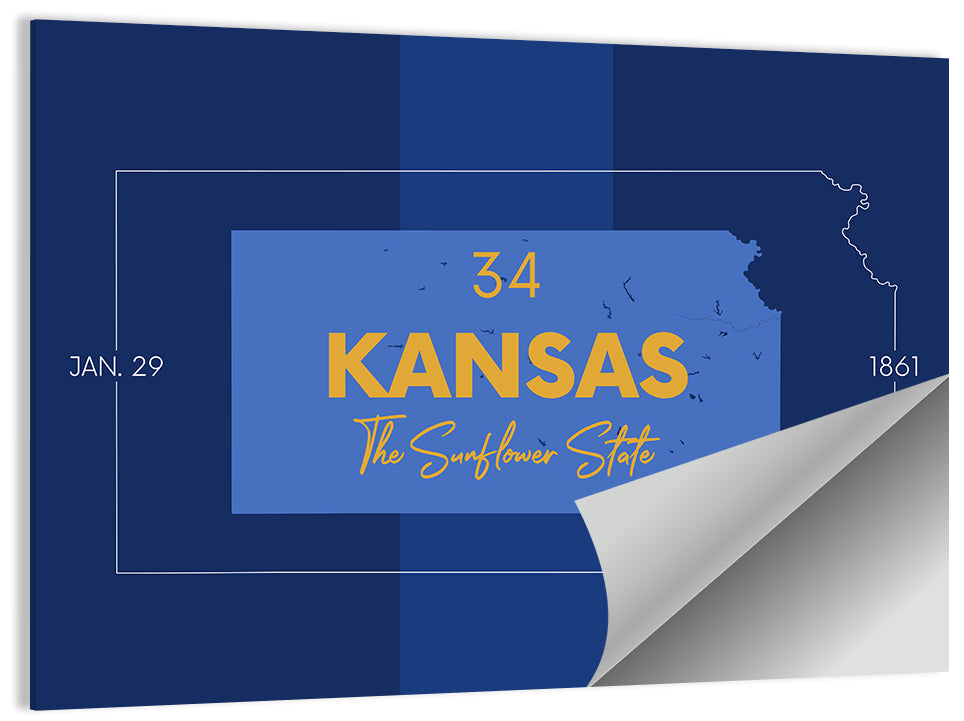 Kansas Typographic Map, Blue and Gold Wall Art