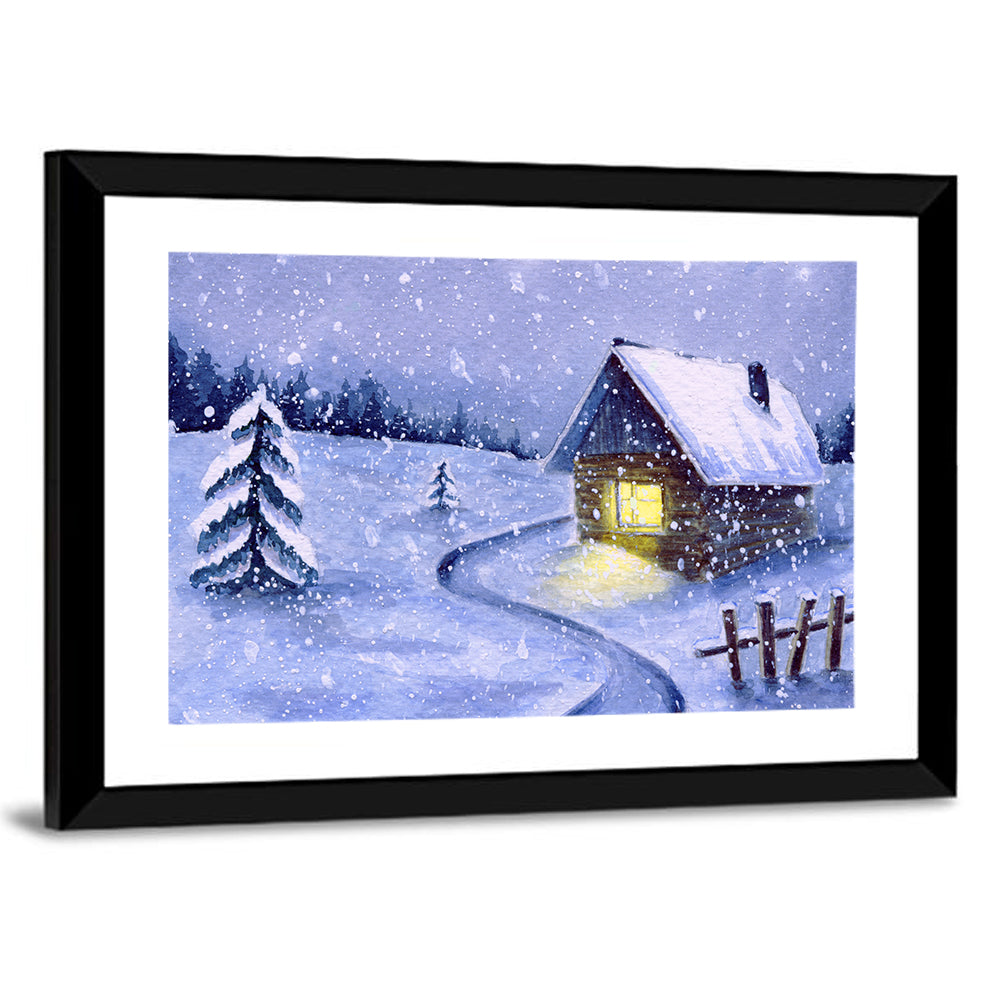 Snowy Log Cabin Night Wall Art
