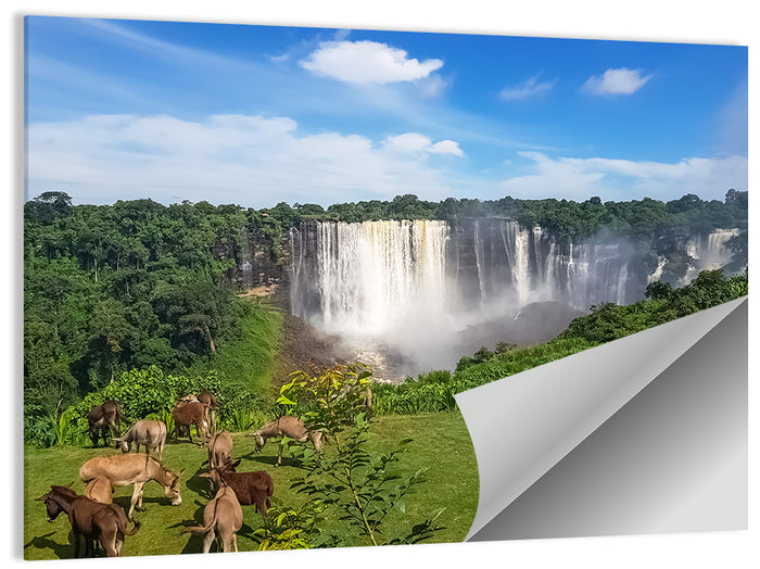 Kalandula Falls and Grazing Donkeys Wall Art as a poster print