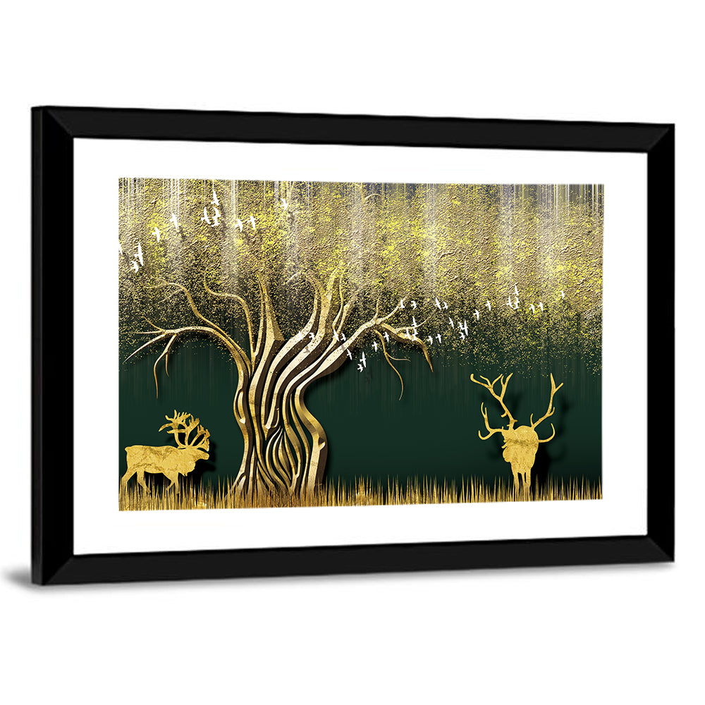 Golden Deer and Tree Illustration Wall Art