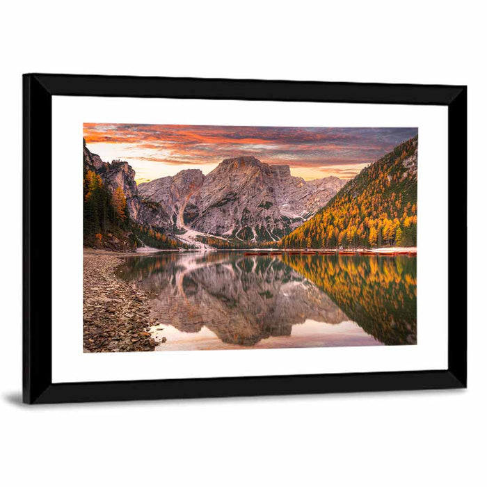 Lago Di Braies Sunset Reflection Wall Art as a framed print