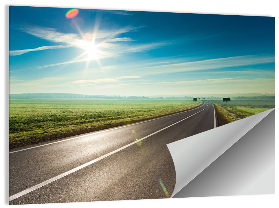Sunlit Road Through Green Field Wall Art