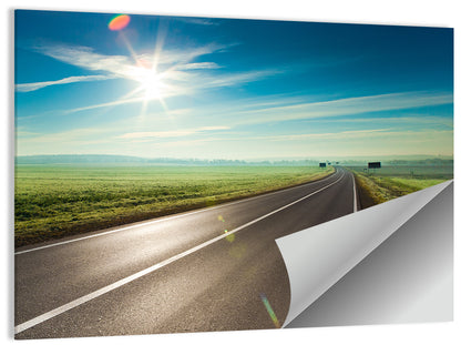 Sunlit Road Through Green Field Wall Art