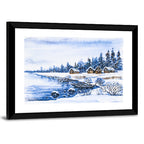 Snowy Village by Frozen Lake Wall Art