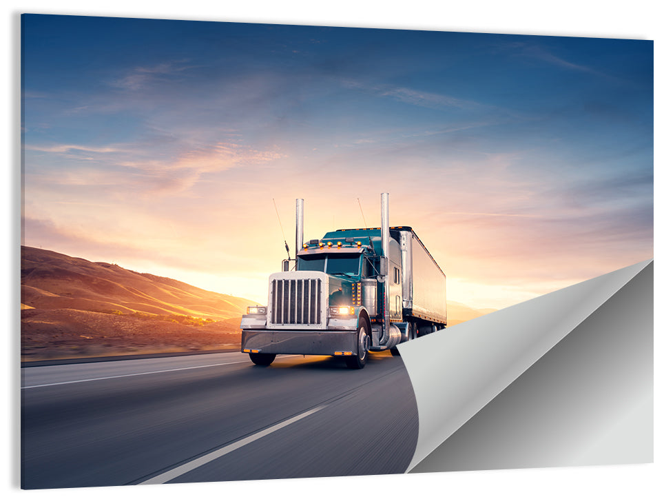 Semi Truck Highway Sunset Wall Art