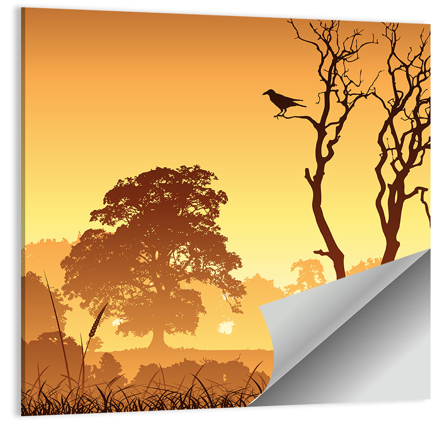 Golden Mist Tree Silhouettes with Crow Wall Art