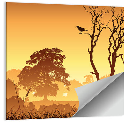 Golden Mist Tree Silhouettes with Crow Wall Art
