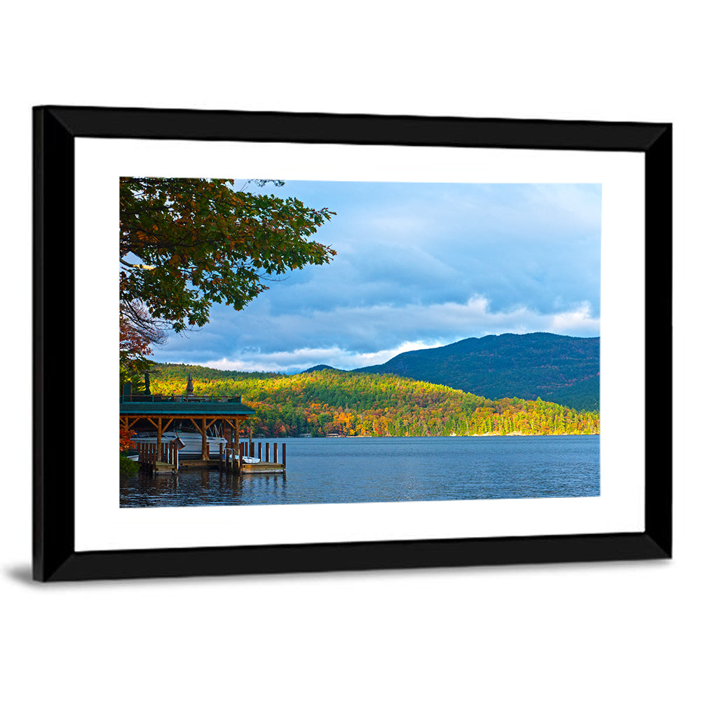 Lake George Boathouse in Autumn Wall Art