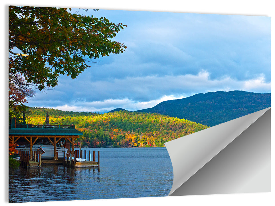 Lake George Boathouse in Autumn Wall Art