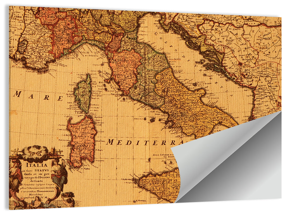 Antique Map of Italy with Ornate Cartouche Wall Art
