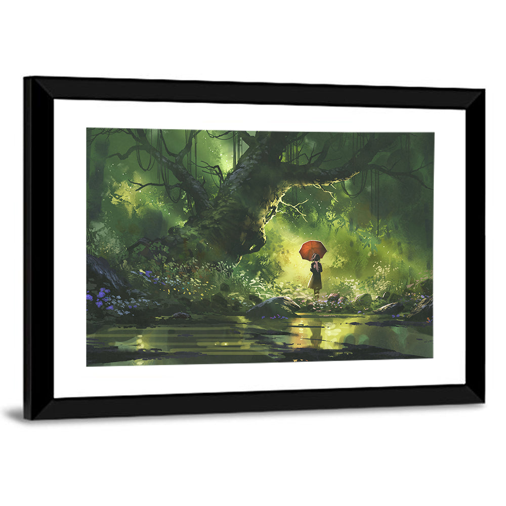 Girl with Umbrella in Mysterious Forest Wall Art