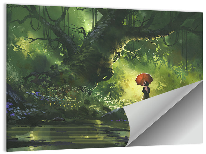 Girl with Umbrella in Mysterious Forest Wall Art as a poster print