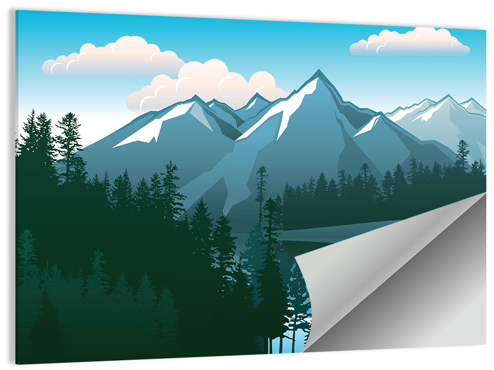 Tranquil Mountain Lake Illustration Wall Art