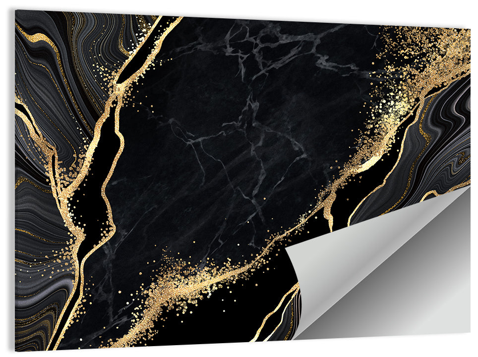 Gold Glitter Black Marble Abstract Wall Art