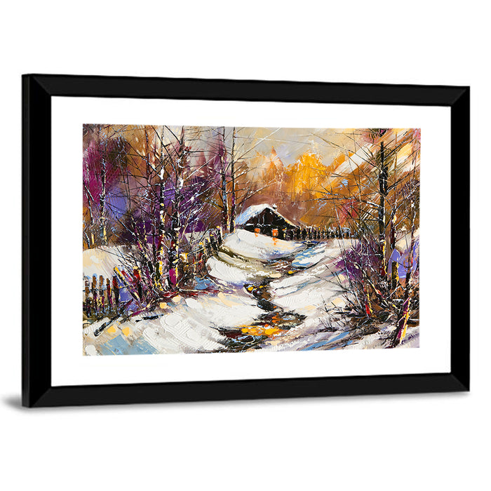 Snowy Path to Cabin Wall Art as a framed print