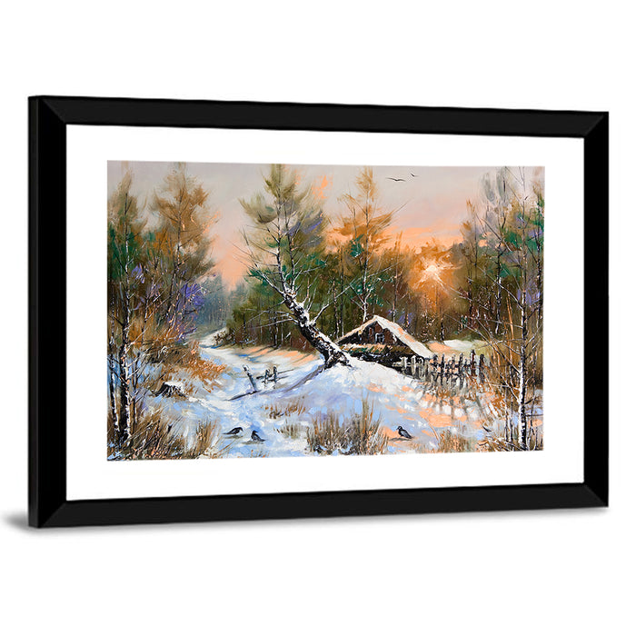 Winter Forest Path with Cabin Wall Art as a framed print