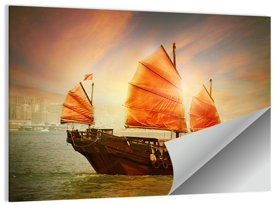 Red Sailed Junk at Victoria Harbour Wall Art