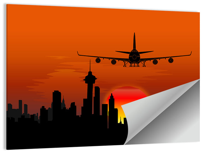 Approaching Jet Over Sunset Skyline Wall Art as a poster print